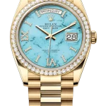 Rolex Day-Date 128348RBR Yellow Gold Diamond Bezel Turquoise Diamond Dial