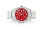 Iced Out Rolex Datejust 36MM SILVER RED DIAL AUTOMATIC MOISSANITE WATCH 14.00CT