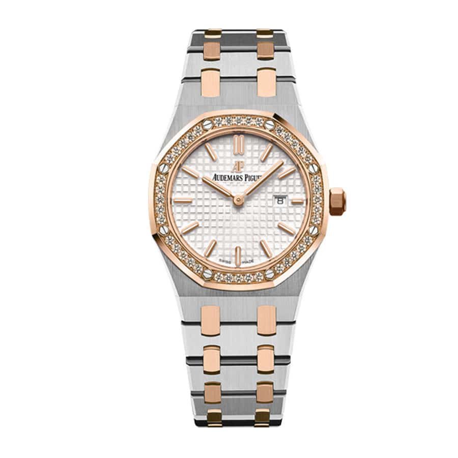 audemars-piguet-royal-oak-quartz-ladies-rose-gold-steel-silver-index-diamond-bezel-67651sr-zz-1261sr-01-replica.jpg AP Ladies Diamond Watch Replica - Image 1