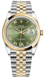 Rolex Datejust 36 Steel & Yellow Gold Olive Green Pave Roman Dial Men's Watch M126203-0025